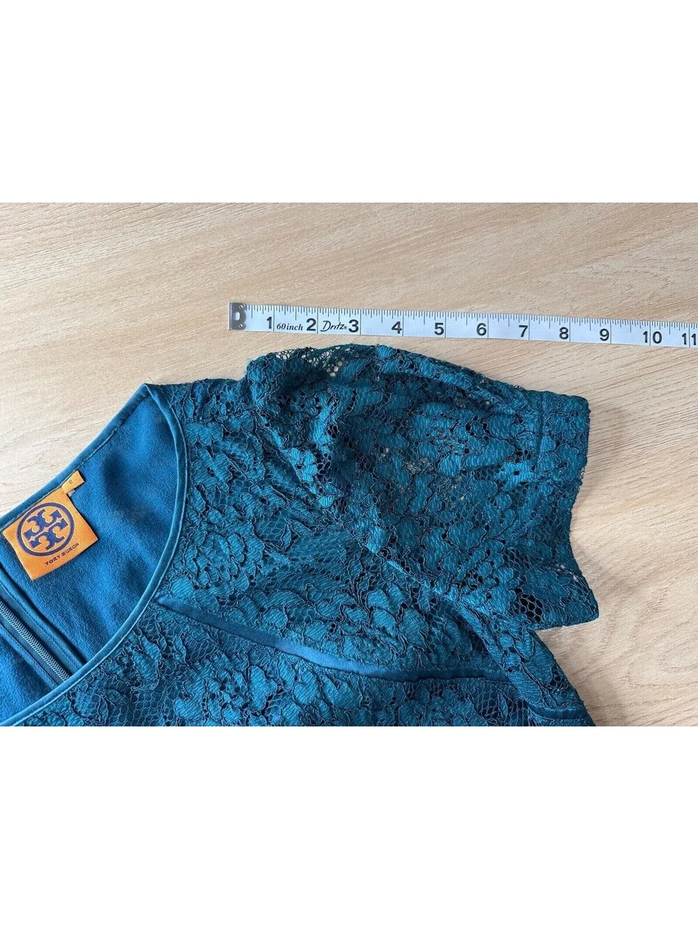 Tory Burch Teal Lace Cocktail Dress 8 Silk Ruffle Puff Sleeve
